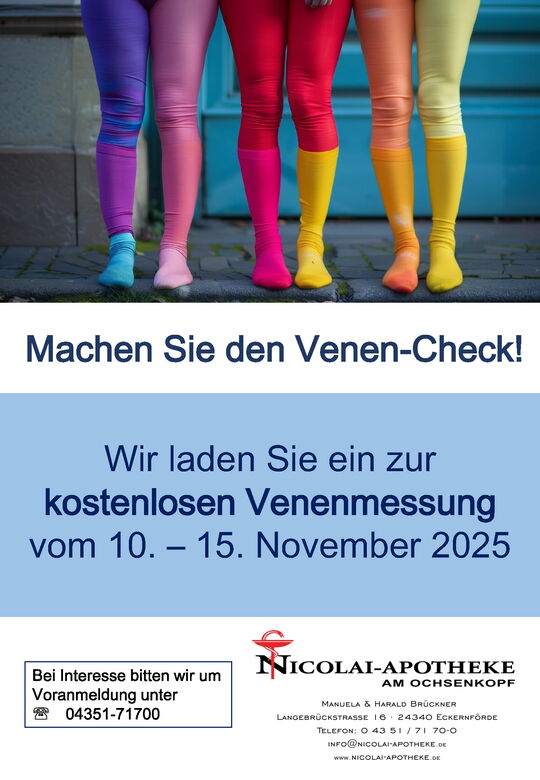 Das Bild zeigt drei Paar Beine in bunten Strümpfen. Darunter der Text "Machen Sie den Venen-Check!", der zu einer kostenlosen Venenmessung vom 10. bis 15. November 2025 einlädt. Unten sind die Kontaktdaten der Apotheke.